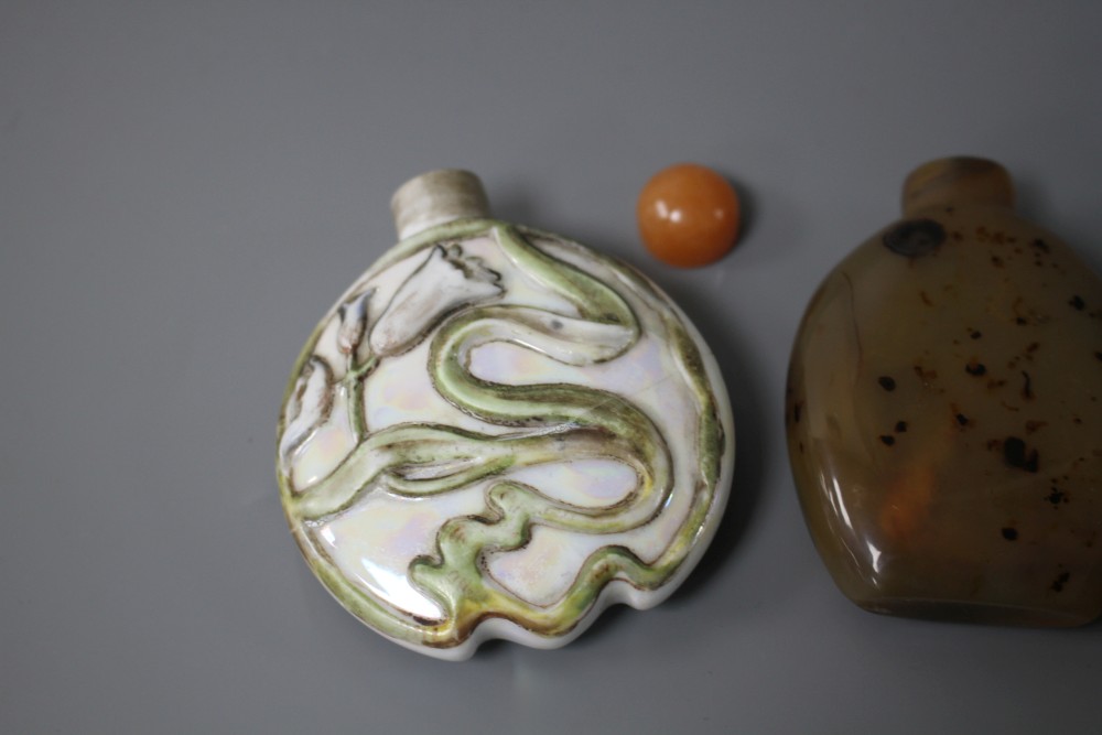Two Chinese snuff bottles: agate and internally painted glass and a European porcelain scent flask
